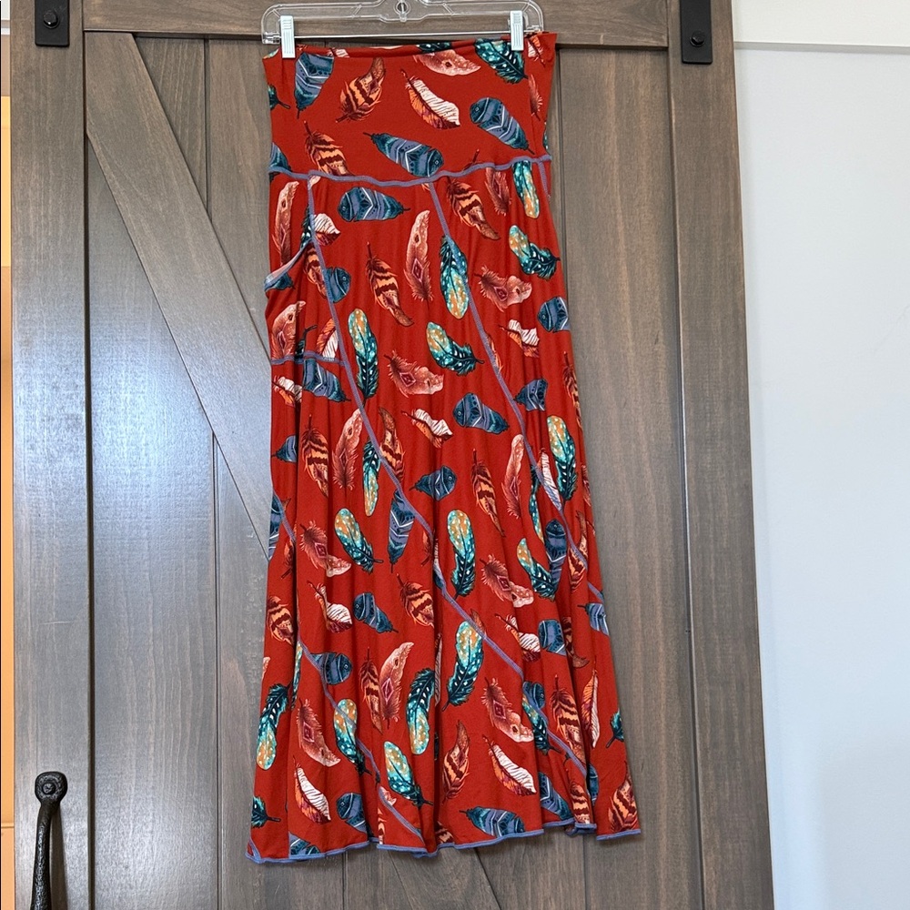 Rust Red A-Line Midi Skirt with Multicolor Feather Pattern